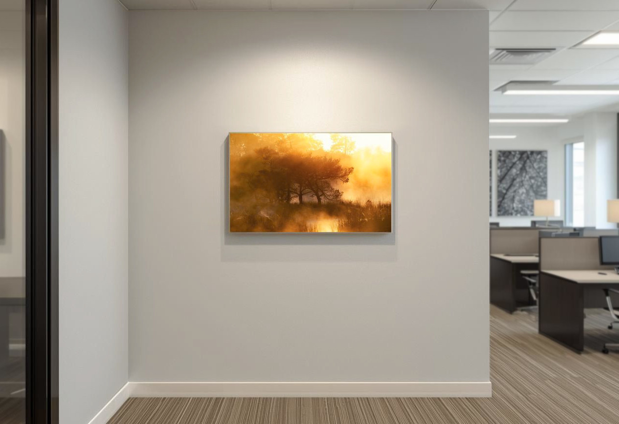 Schilderij van een boom in geel-oranje tinten in een kantoor